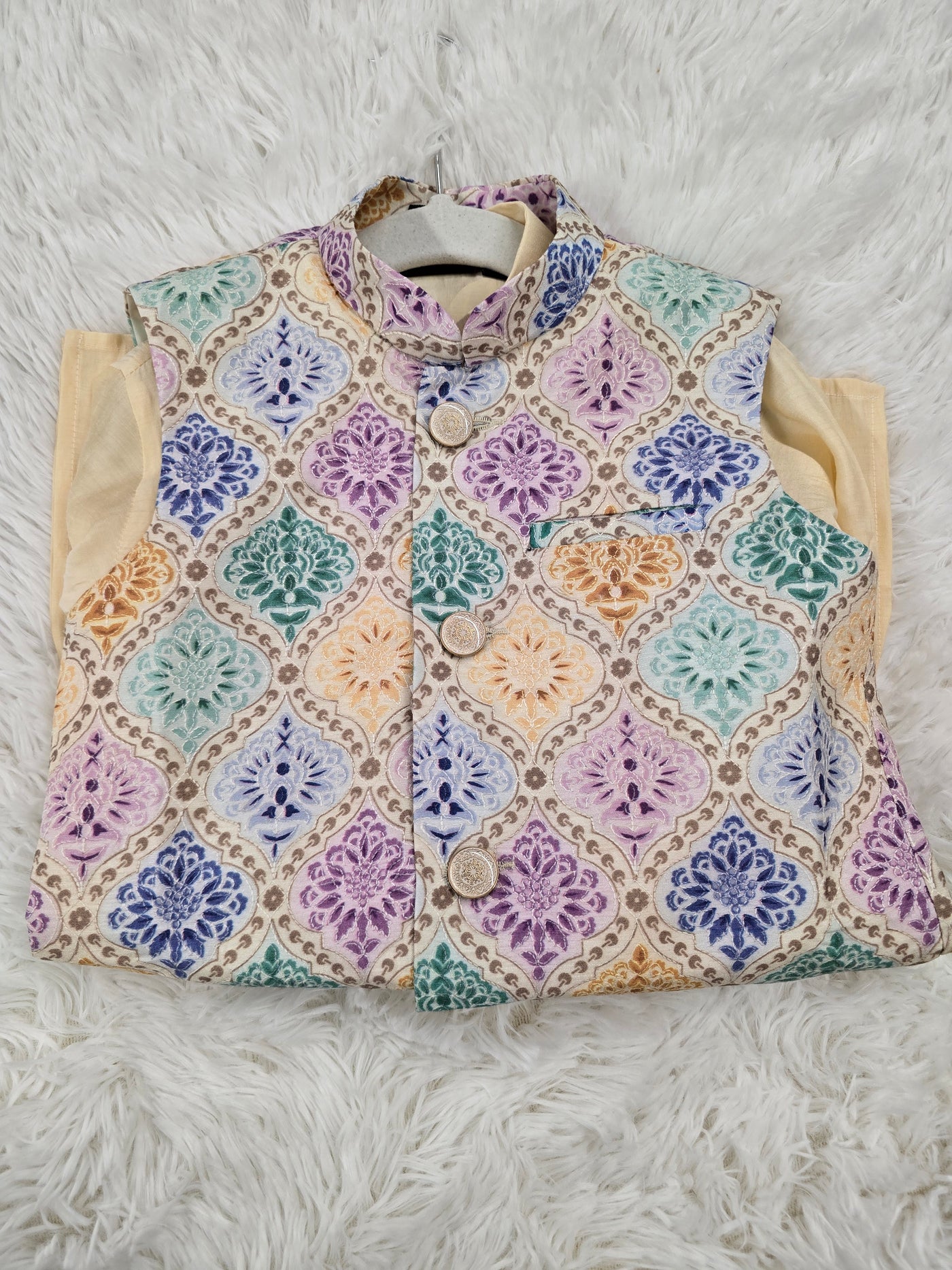 Boys Cream Kurta Pajama With Multi-Color Printed Jacket – Festive Set