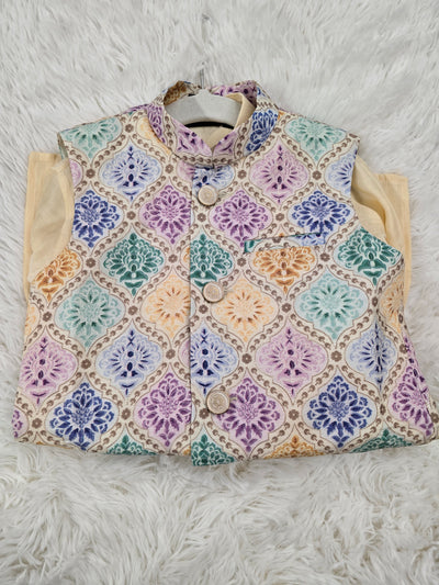 Boys Cream Kurta Pajama With Multi-Color Printed Jacket – Festive Set