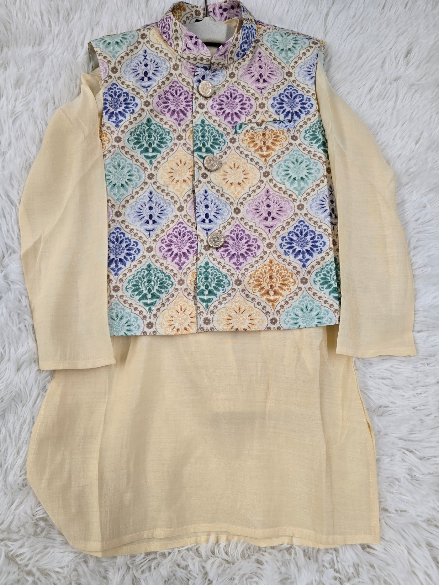Boys Cream Kurta Pajama With Multi-Color Printed Jacket – Festive Set