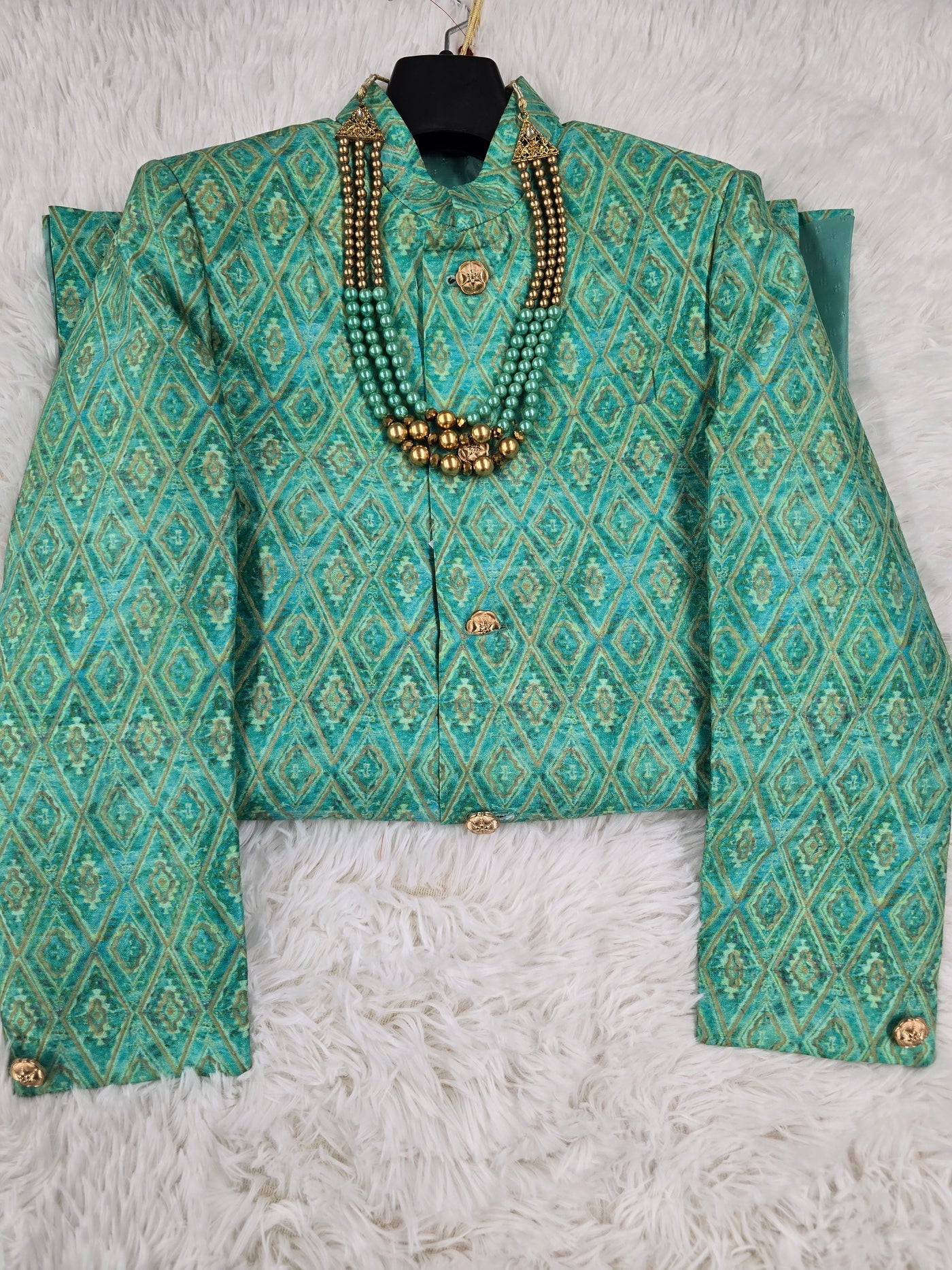 Boys Teal-Green Sherwani with Matching Pajama & Necklace Set