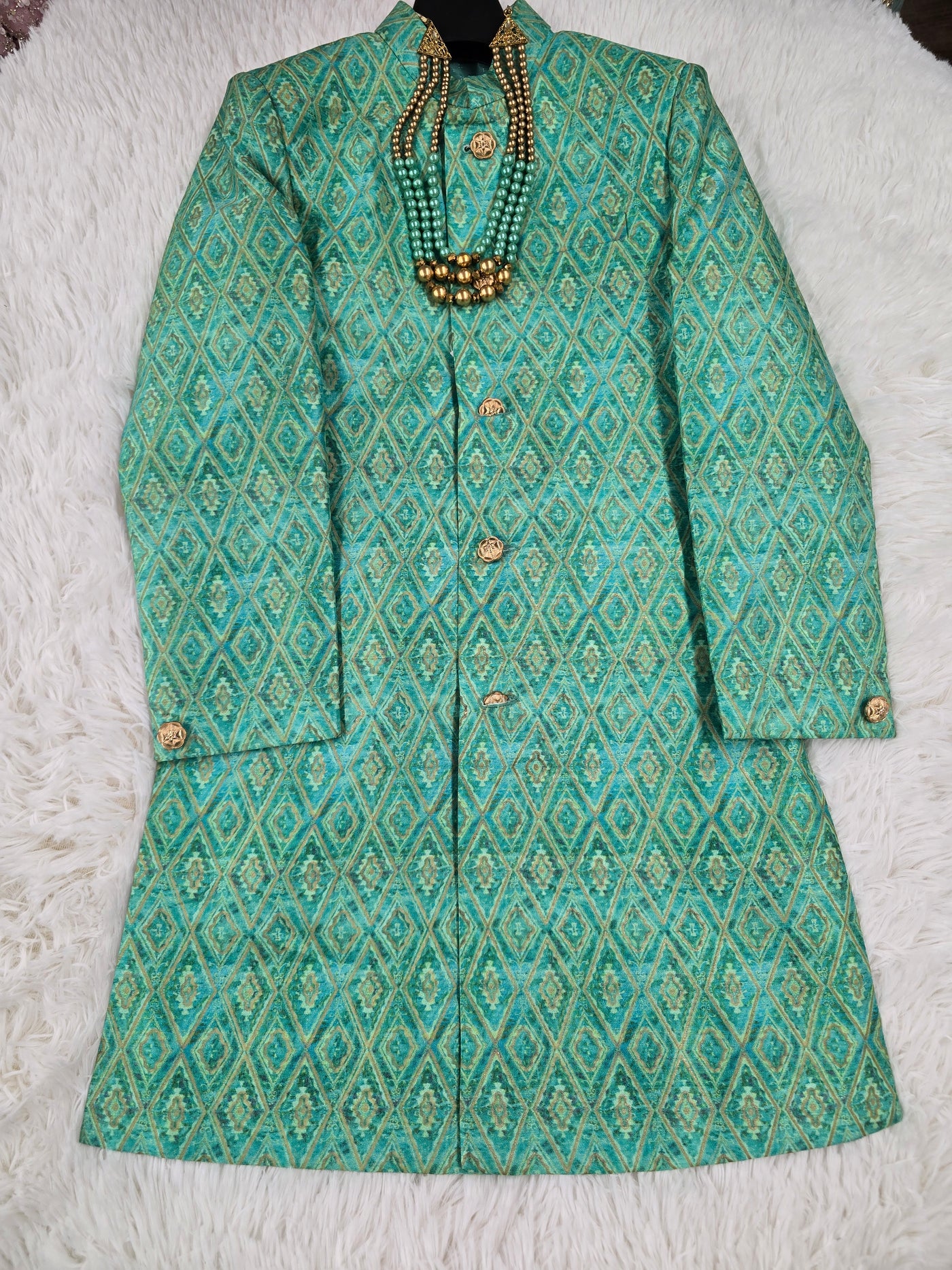 Boys Teal-Green Sherwani with Matching Pajama & Necklace Set