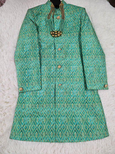 Boys Teal-Green Sherwani with Matching Pajama & Necklace Set