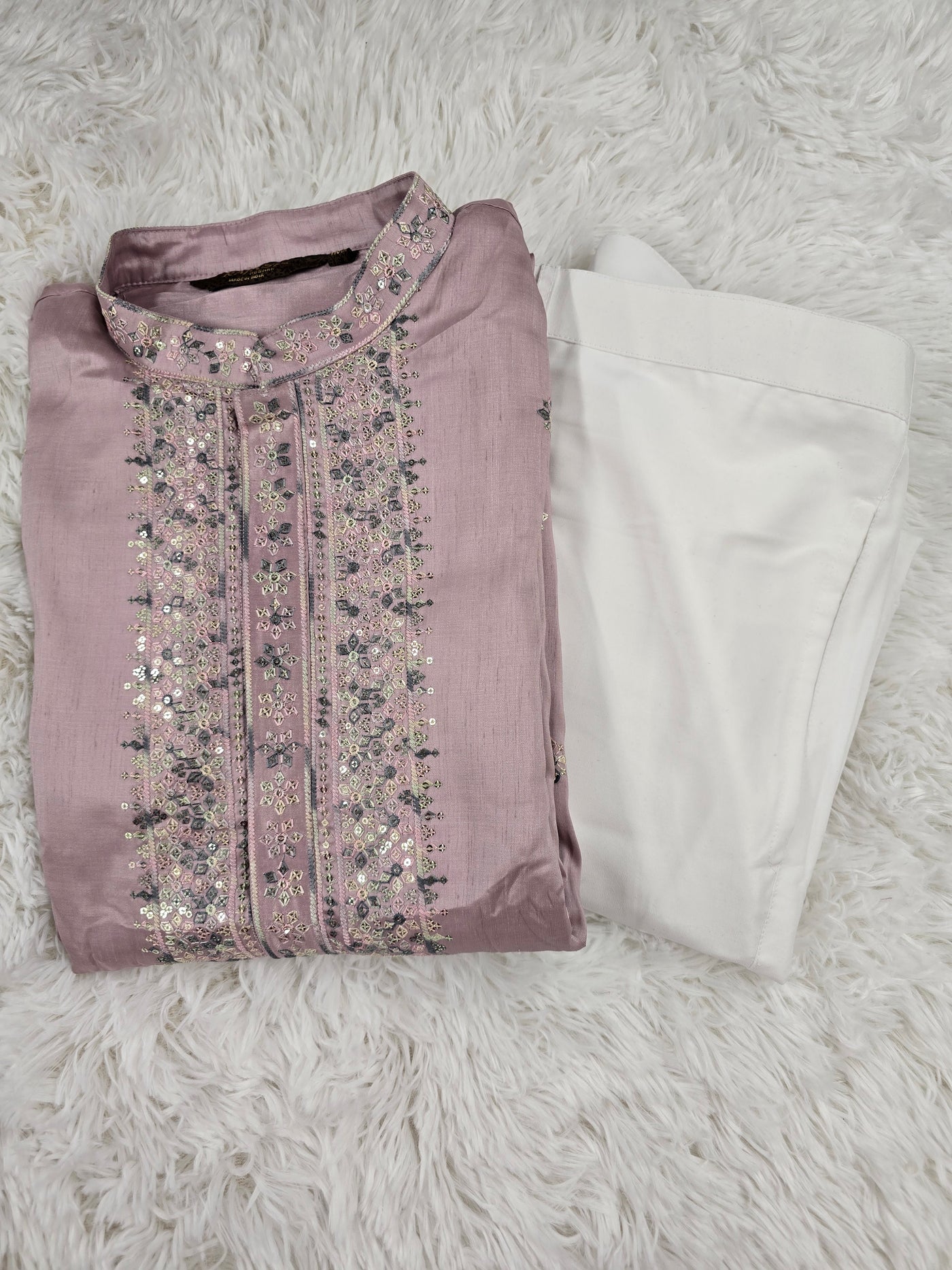 Pastel Mauve Embroidered Kurta with White Pants Set
