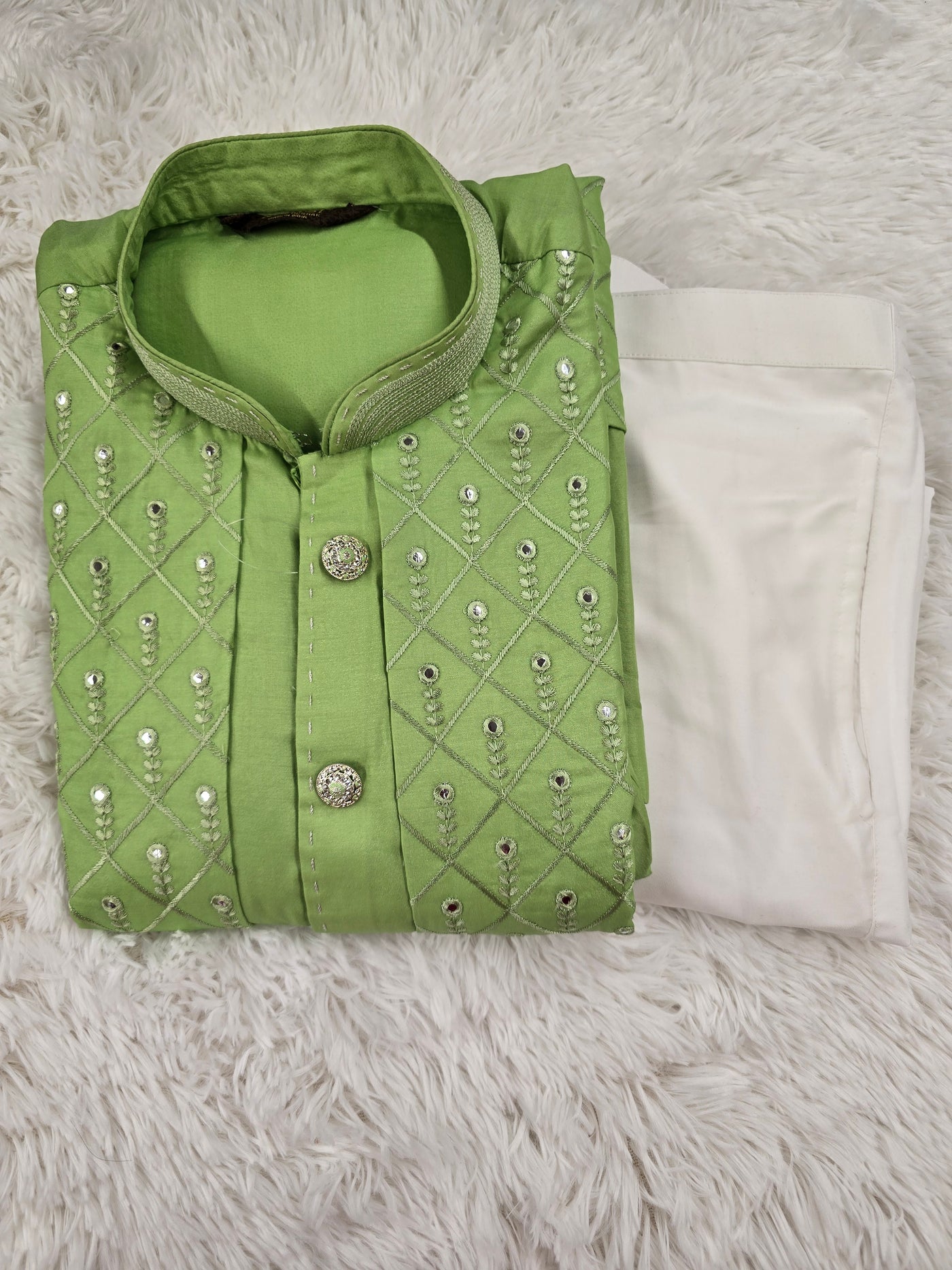 Light Green Embroidered Kurta with White Pants Set