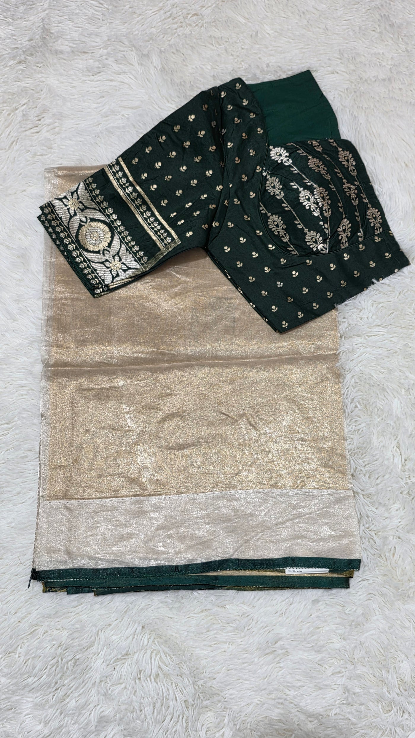 Kora Silver Tissue Saree with Contrast Bottle Green Brocade Blouse