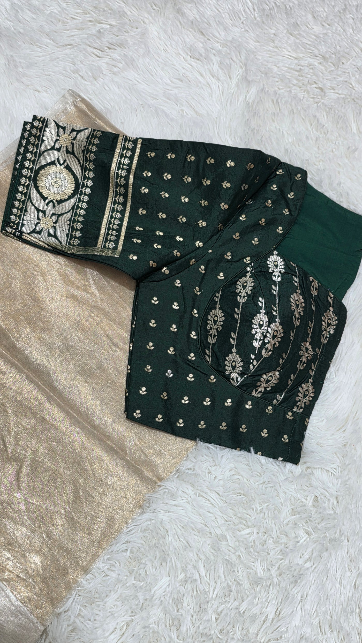 Kora Silver Tissue Saree with Contrast Bottle Green Brocade Blouse