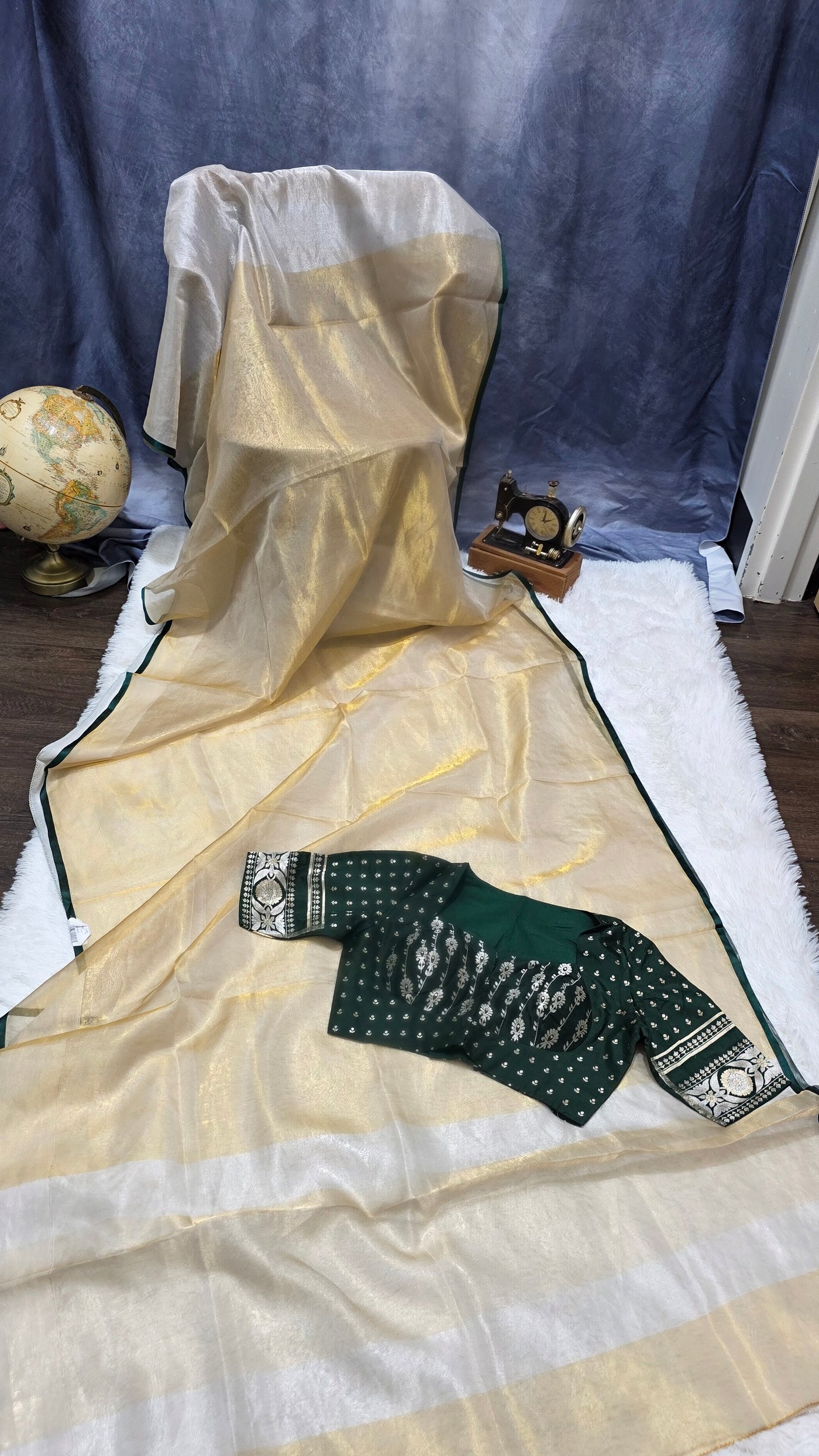 Kora Silver Tissue Saree with Contrast Bottle Green Brocade Blouse