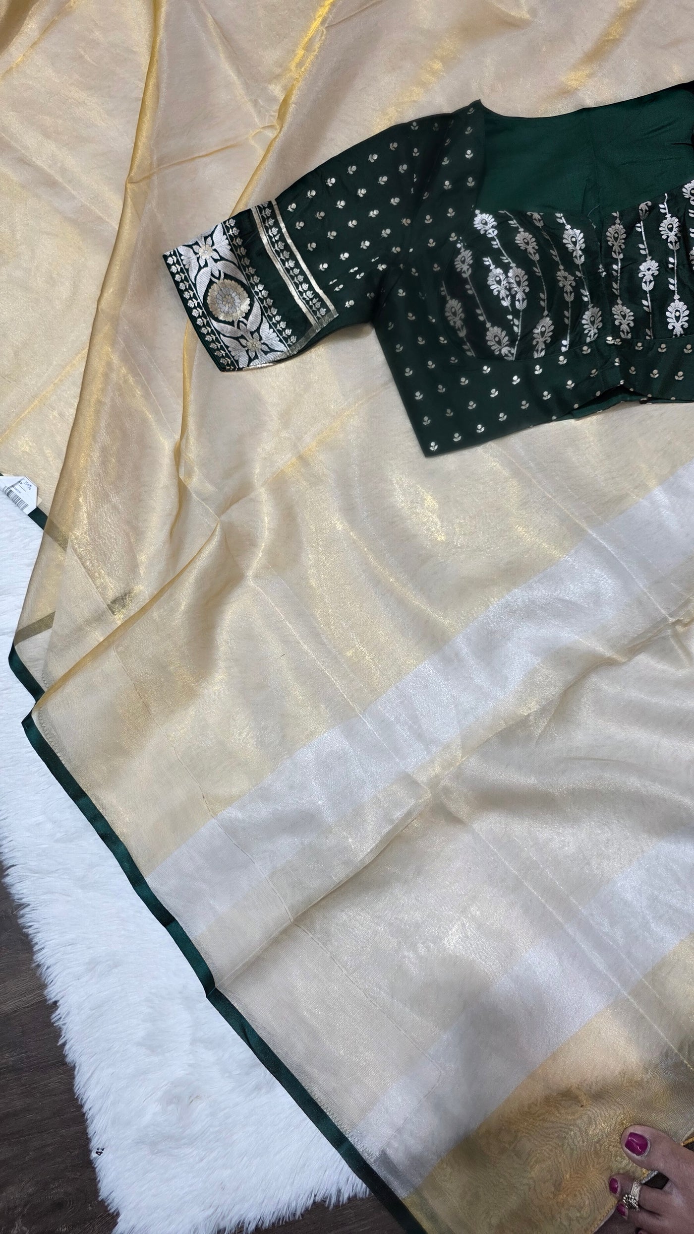 Kora Silver Tissue Saree with Contrast Bottle Green Brocade Blouse