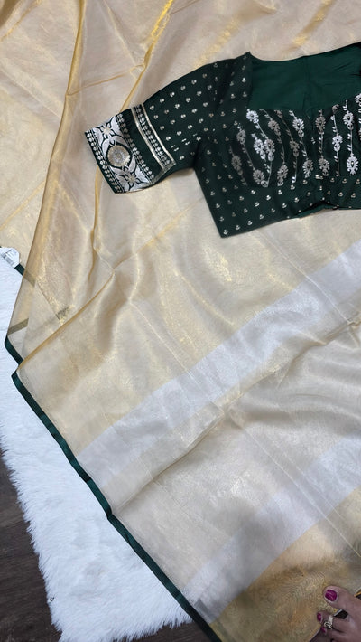 Kora Silver Tissue Saree with Contrast Bottle Green Brocade Blouse