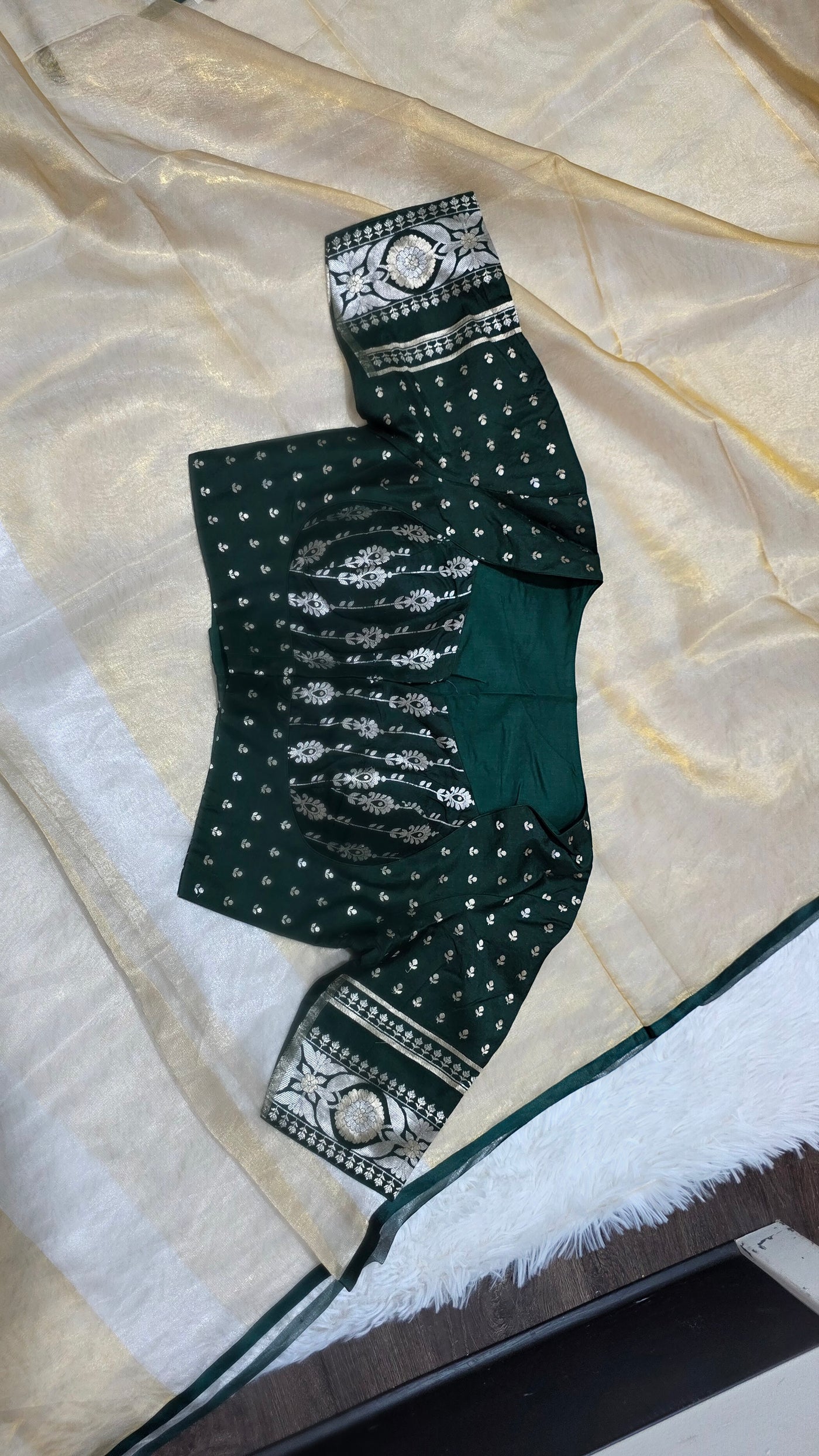 Kora Silver Tissue Saree with Contrast Bottle Green Brocade Blouse
