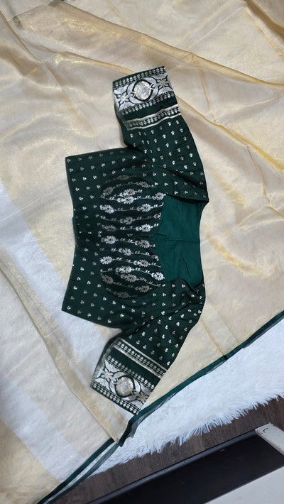 Kora Silver Tissue Saree with Contrast Bottle Green Brocade Blouse