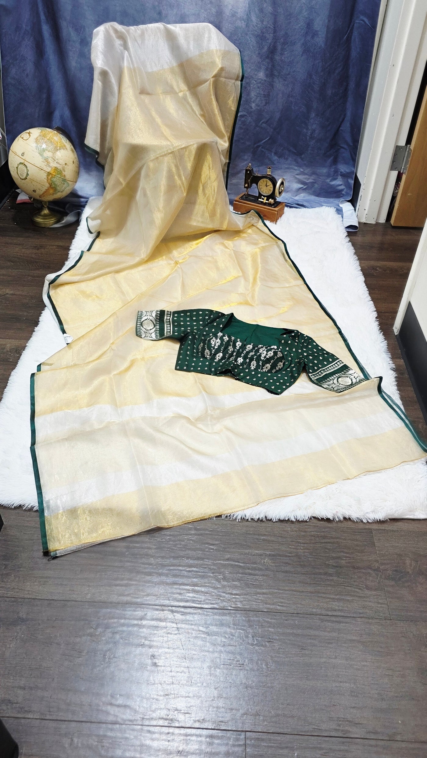 Kora Silver Tissue Saree with Contrast Bottle Green Brocade Blouse