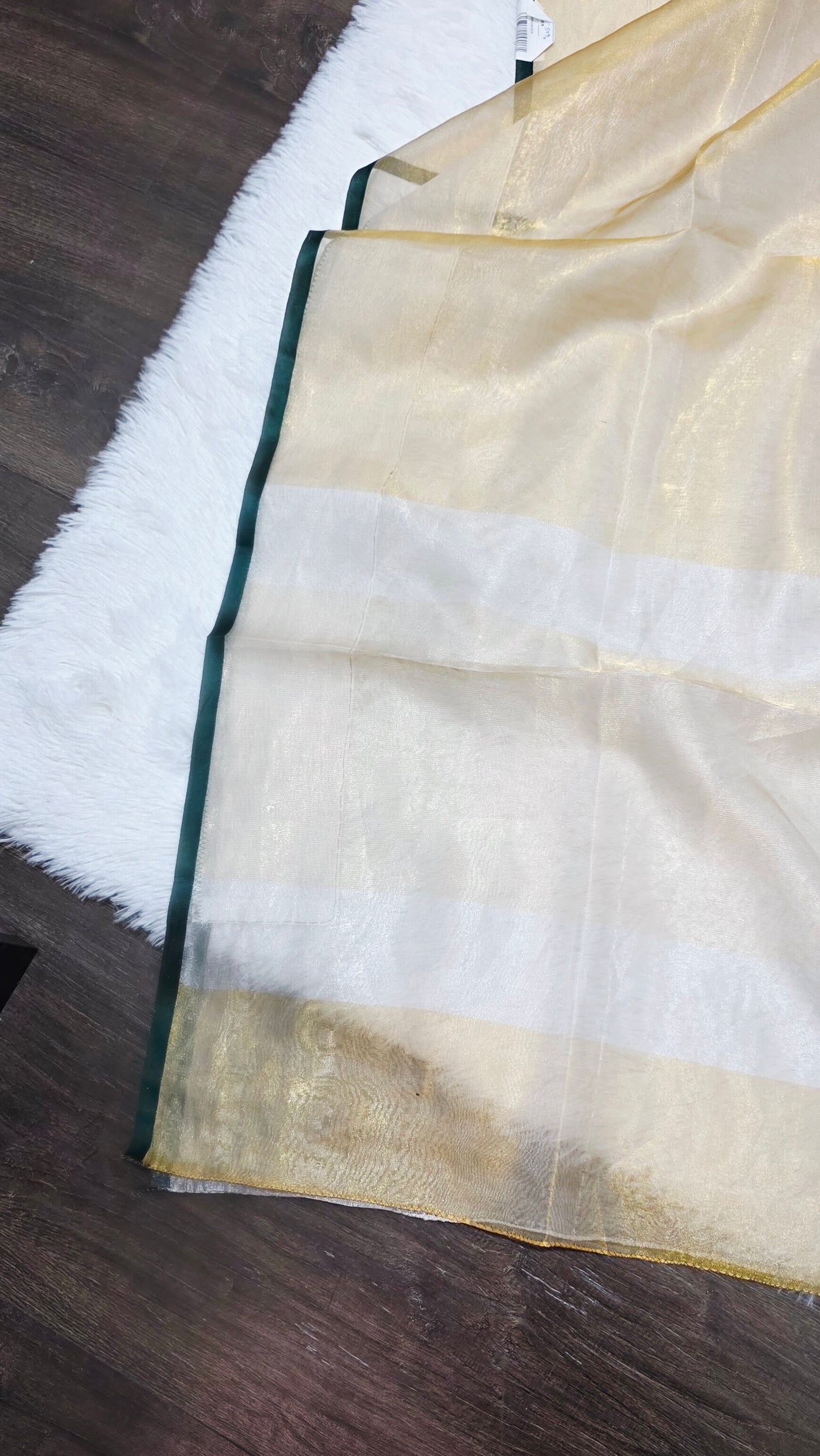 Kora Silver Tissue Saree with Contrast Bottle Green Brocade Blouse