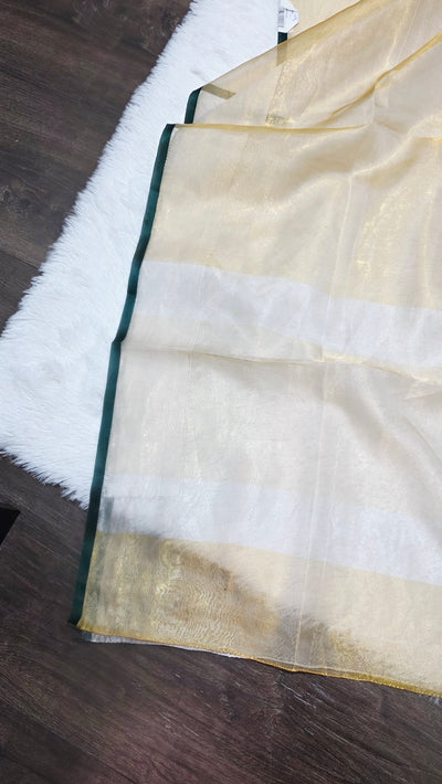 Kora Silver Tissue Saree with Contrast Bottle Green Brocade Blouse