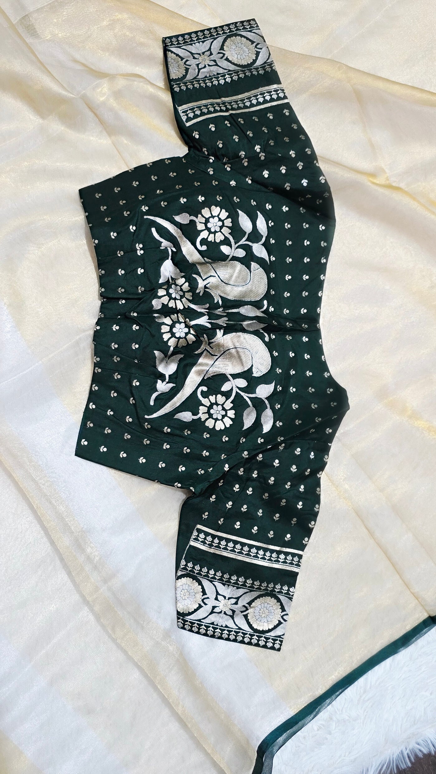 Kora Silver Tissue Saree with Contrast Bottle Green Brocade Blouse