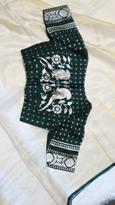 Kora Silver Tissue Saree with Contrast Bottle Green Brocade Blouse