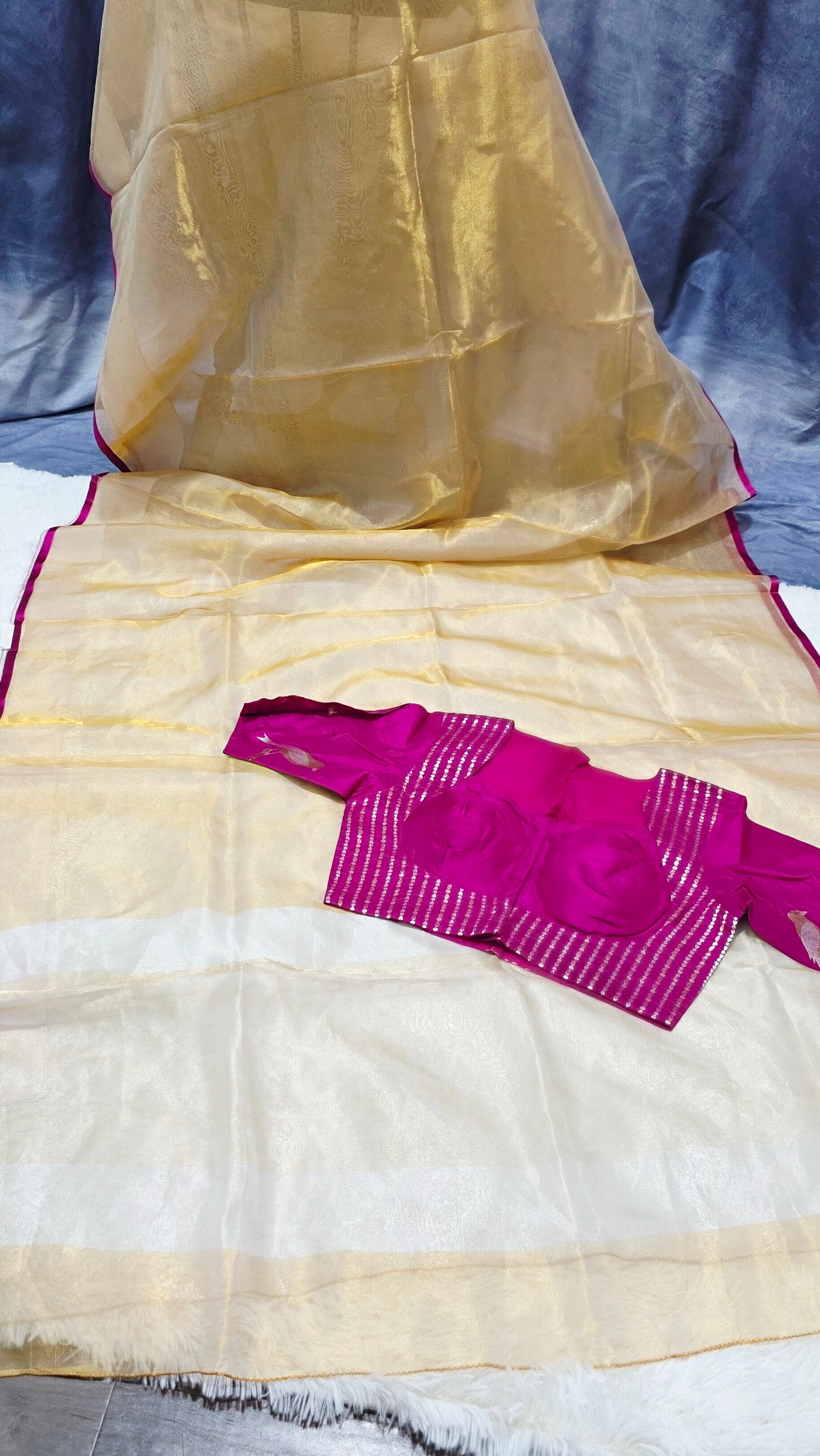 Kora Silver Tissue Saree with Pink Designer Blouse