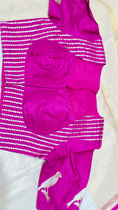 Kora Silver Tissue Saree with Pink Designer Blouse