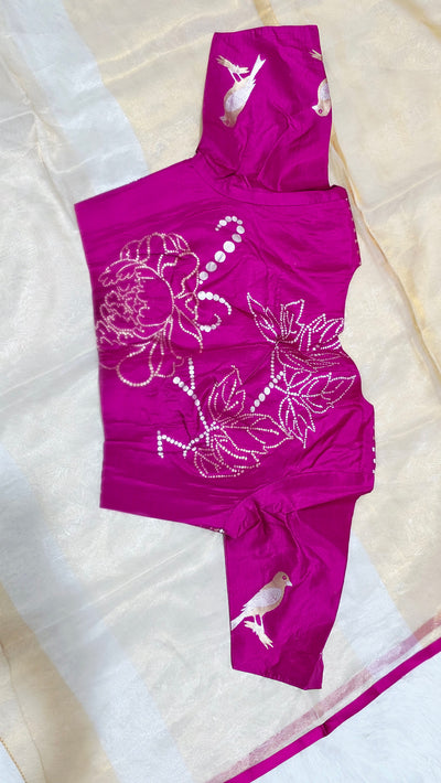 Kora Silver Tissue Saree with Pink Designer Blouse