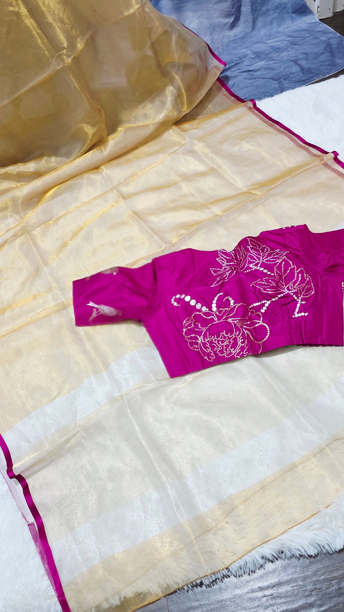 Kora Silver Tissue Saree with Pink Designer Blouse