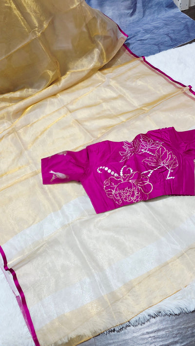 Kora Silver Tissue Saree with Pink Designer Blouse