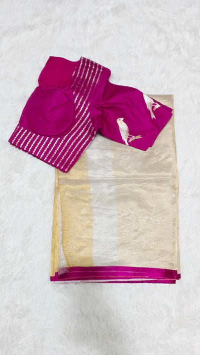 Kora Silver Tissue Saree with Pink Designer Blouse