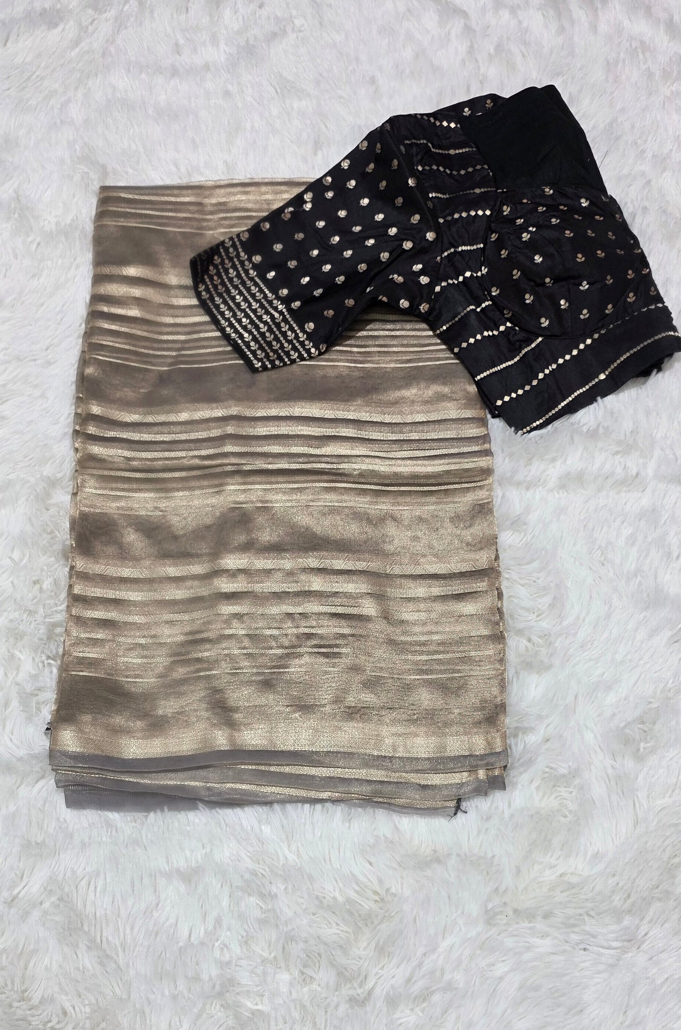 Silver Tissue Saree with Black Designer Blouse
