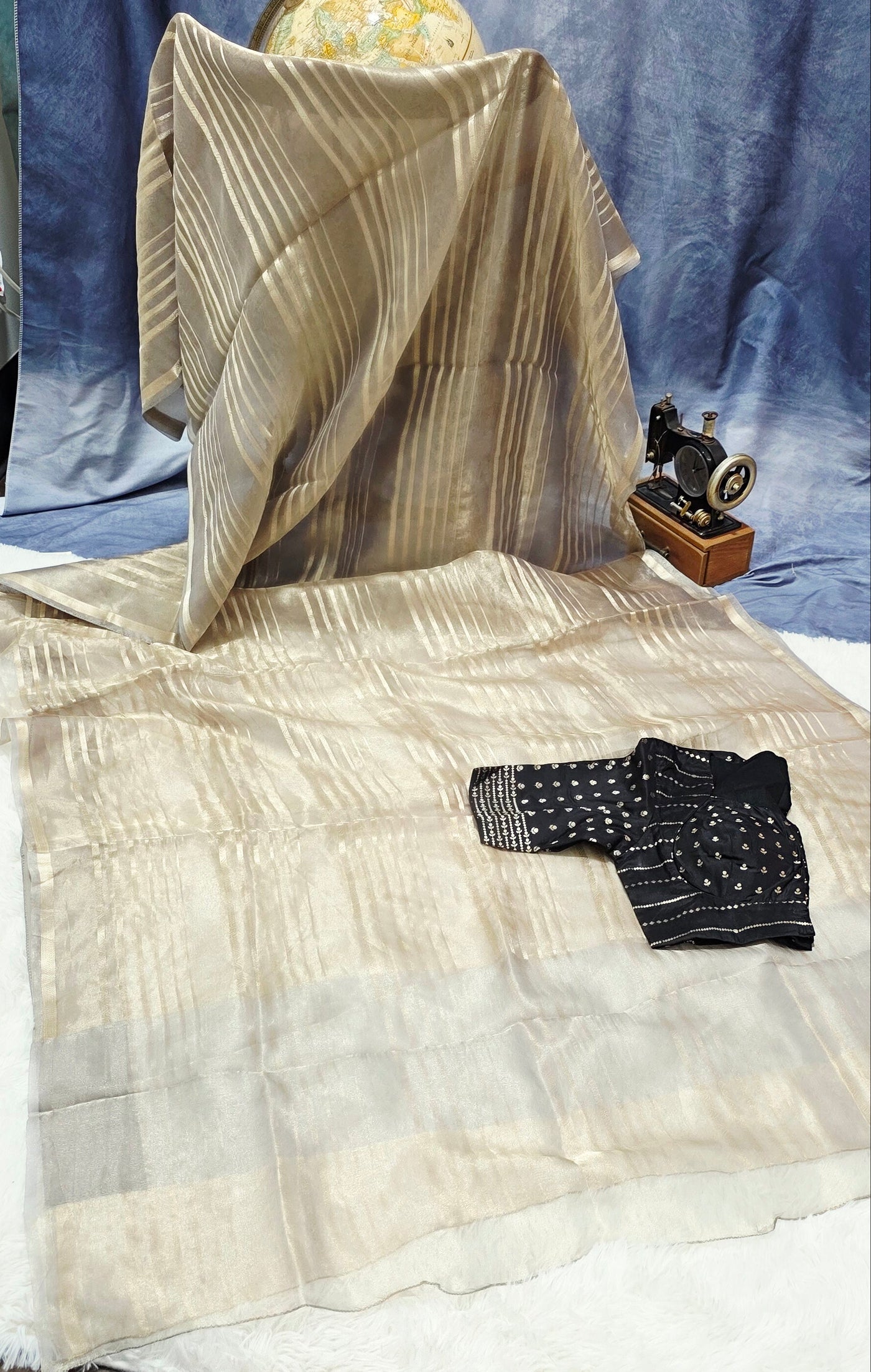 Silver Tissue Saree with Black Designer Blouse