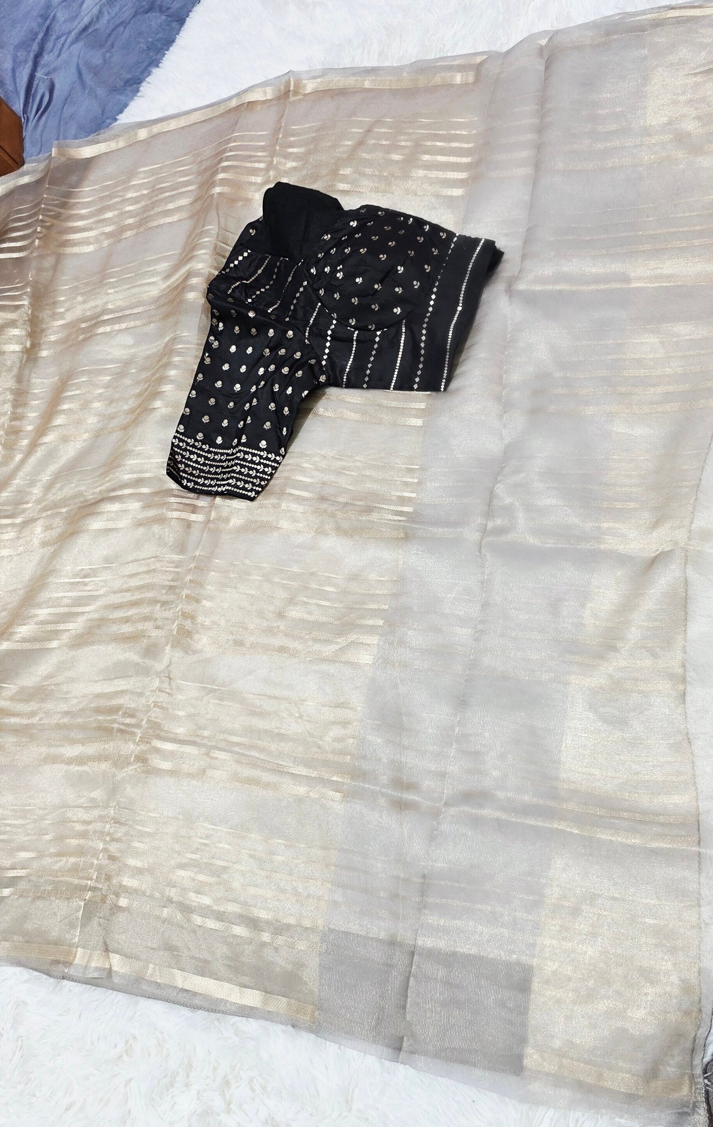 Silver Tissue Saree with Black Designer Blouse