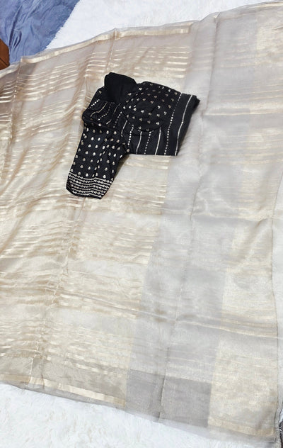 Silver Tissue Saree with Black Designer Blouse