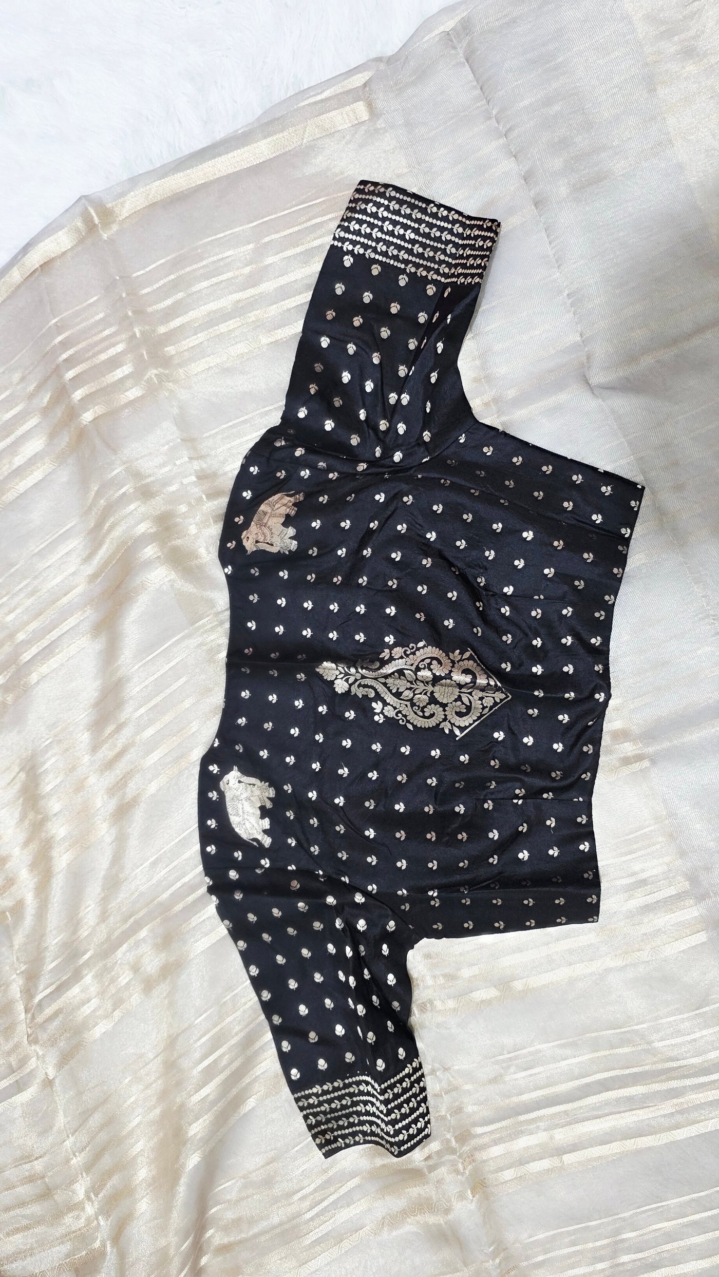 Silver Tissue Saree with Black Designer Blouse