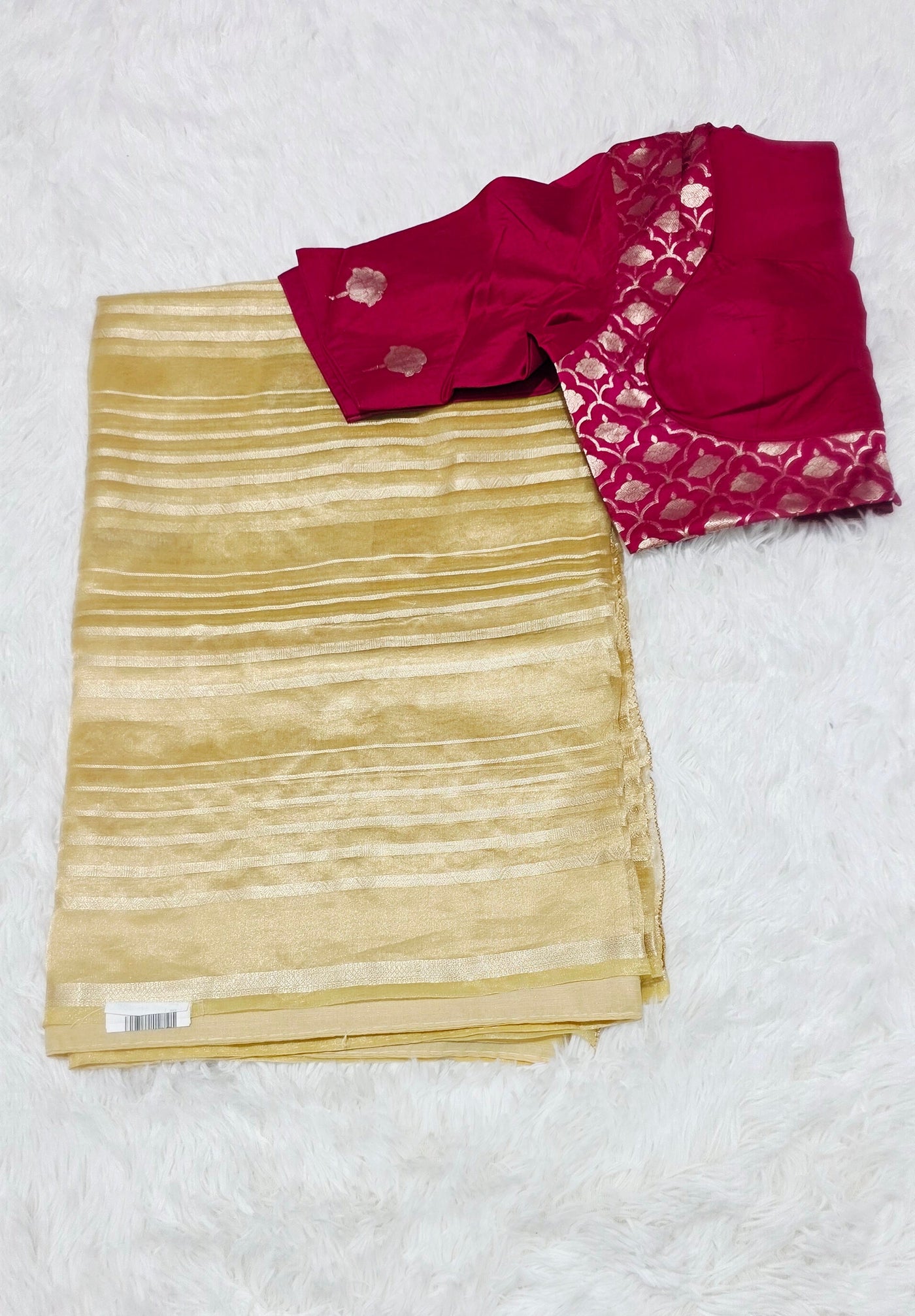 Kora Tissue Gold Saree with Magenta Banarasi Blouse