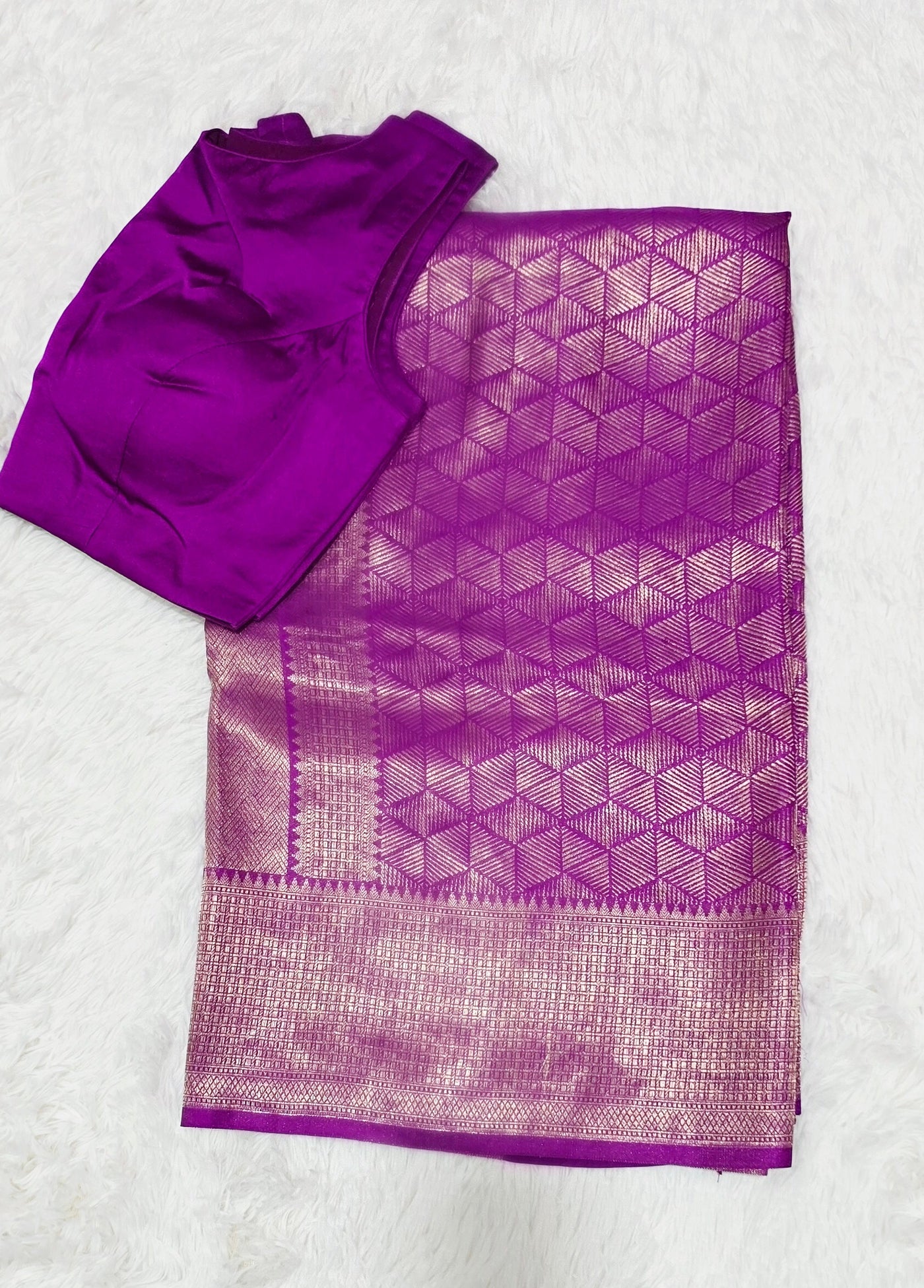 Purple Katan Silk Saree with Gold Zari Weave and Matching Stitched Blouse