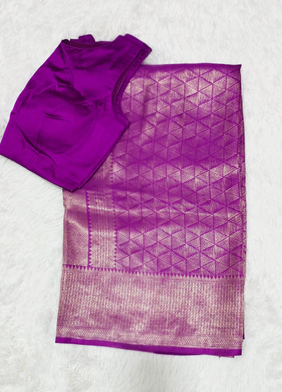 Purple Katan Silk Saree with Gold Zari Weave and Matching Stitched Blouse