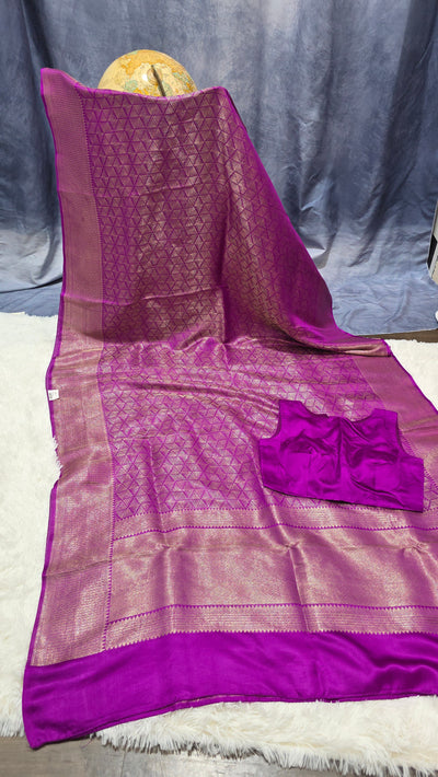 Purple Katan Silk Saree with Gold Zari Weave and Matching Stitched Blouse