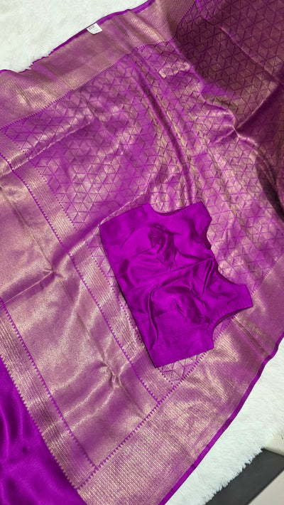 Purple Katan Silk Saree with Gold Zari Weave and Matching Stitched Blouse