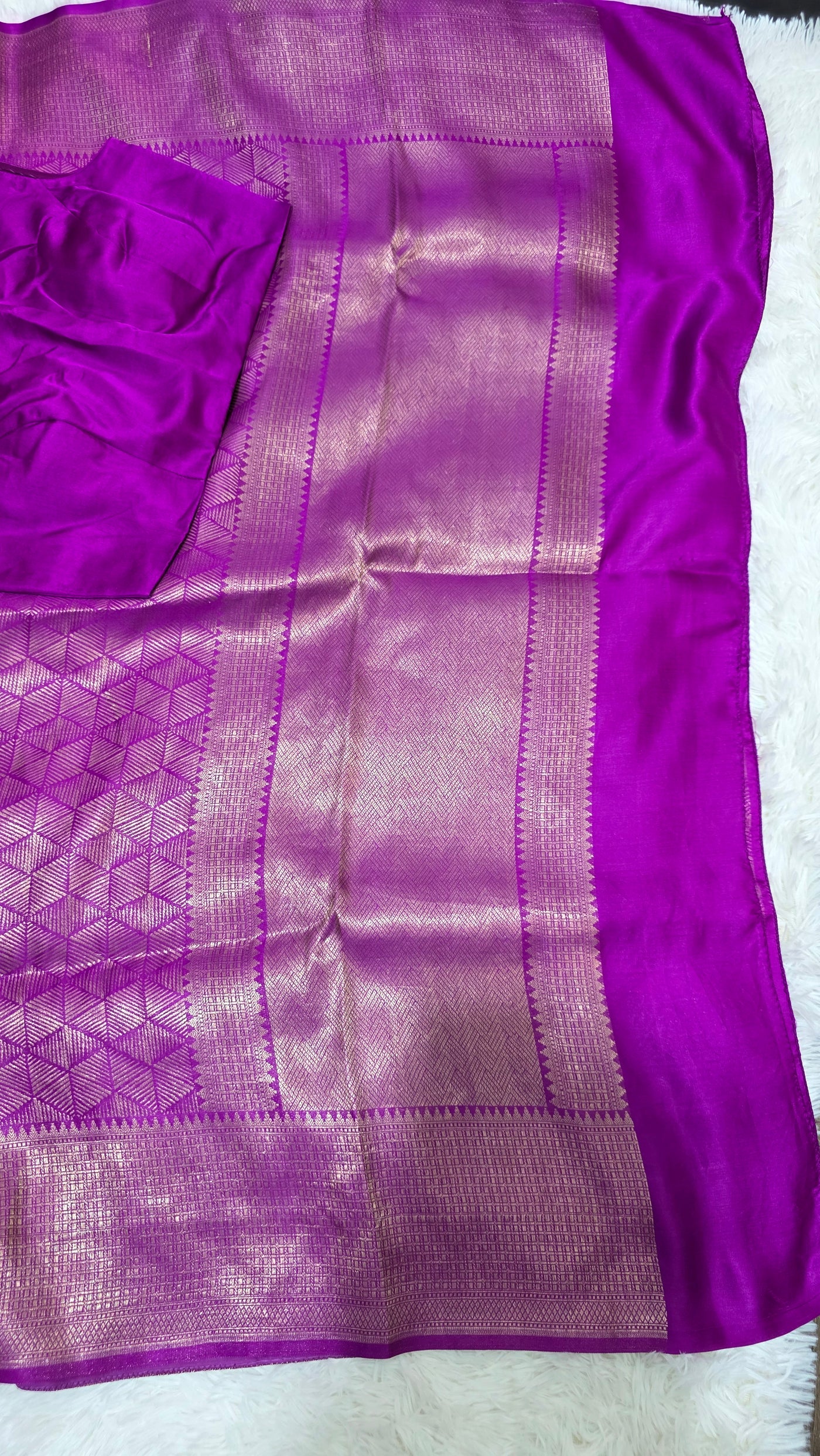 Purple Katan Silk Saree with Gold Zari Weave and Matching Stitched Blouse