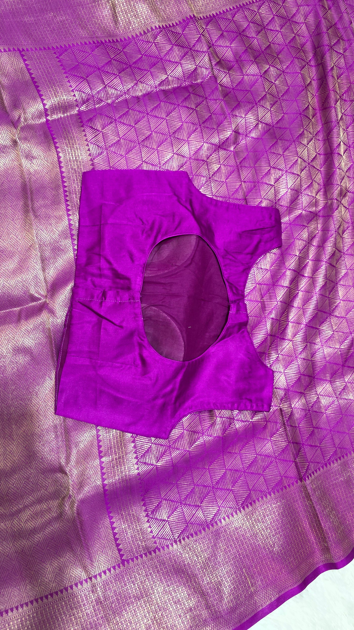 Purple Katan Silk Saree with Gold Zari Weave and Matching Stitched Blouse