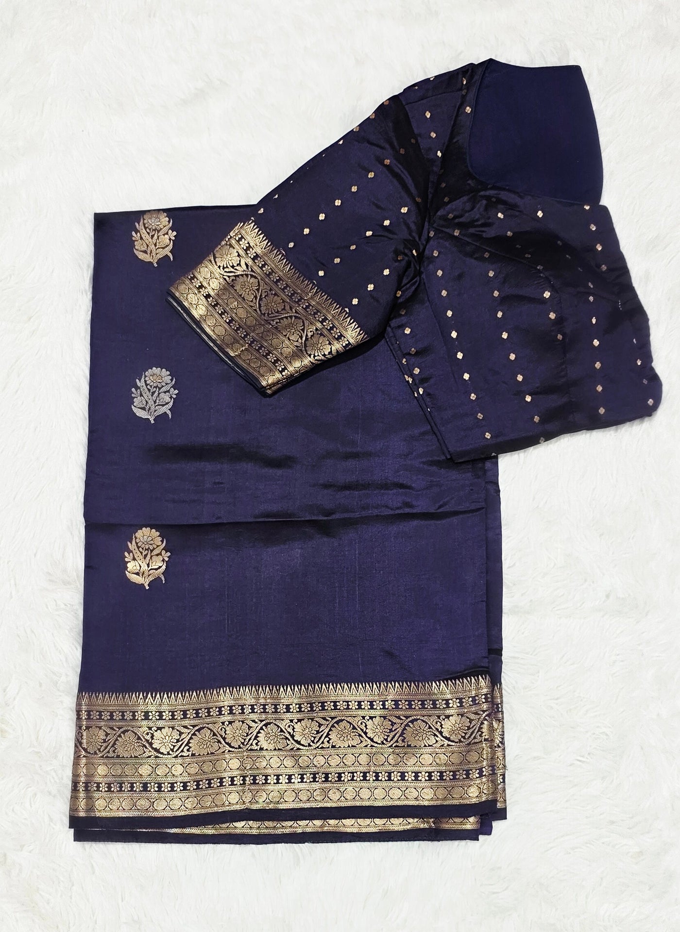 Navy Blue Puna Silk Saree with Zari Border & Gold Butti
