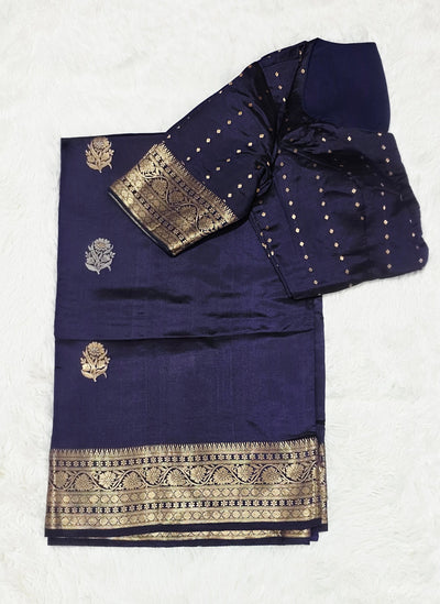 Navy Blue Puna Silk Saree with Zari Border & Gold Butti