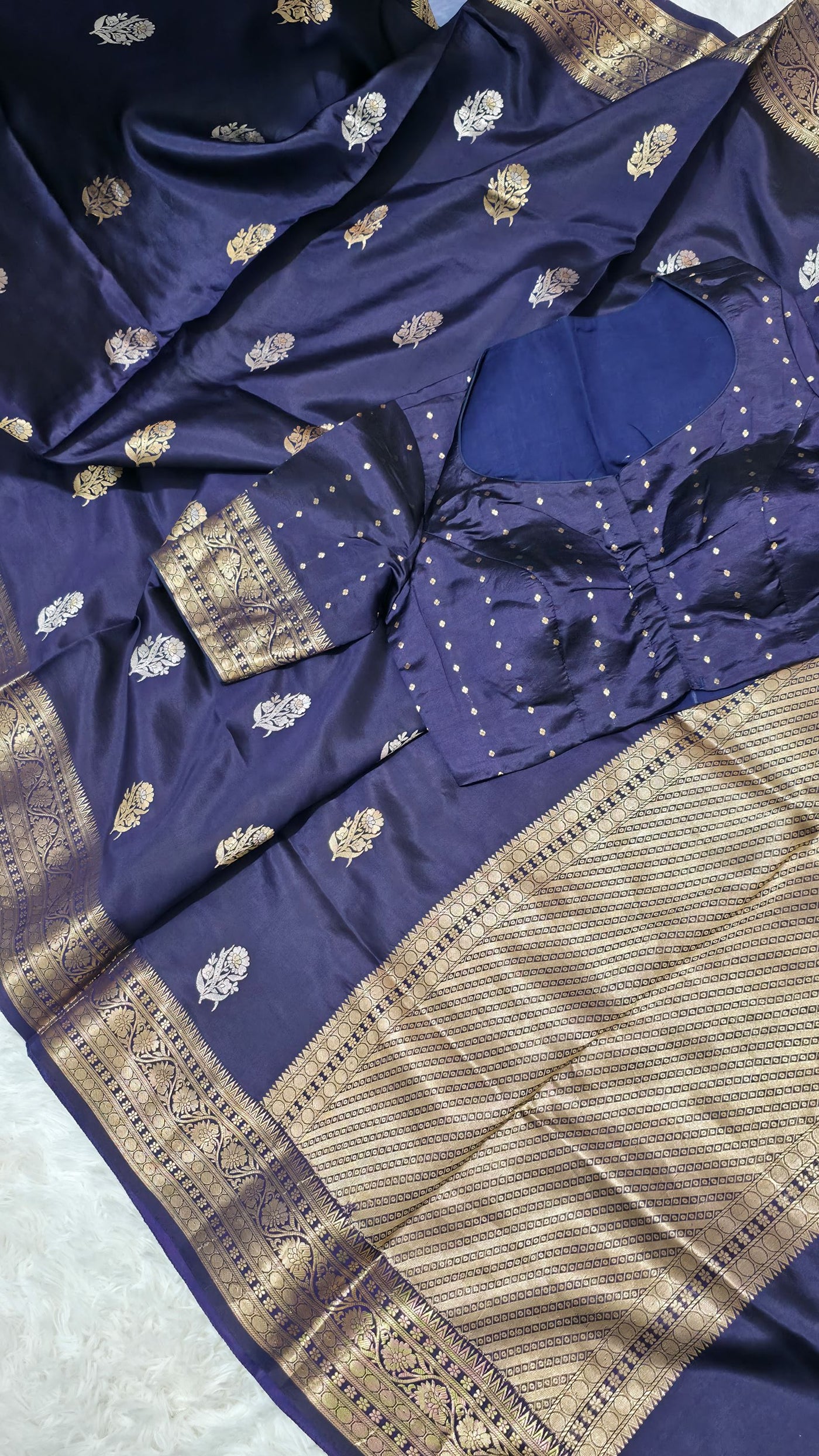 Navy Blue Puna Silk Saree with Zari Border & Gold Butti