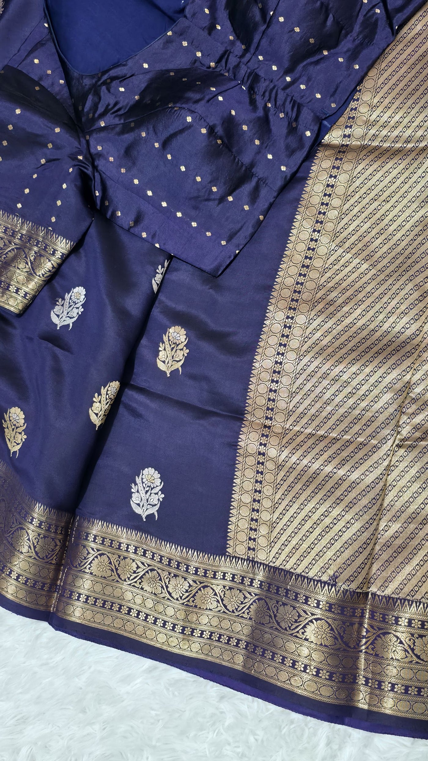 Navy Blue Puna Silk Saree with Zari Border & Gold Butti