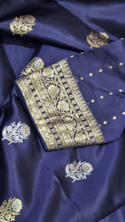 Navy Blue Puna Silk Saree with Zari Border & Gold Butti