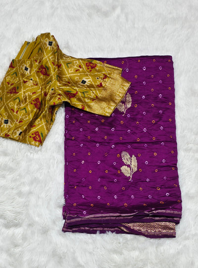 Purple Silk Chinia Handloom Bandhani Saree
