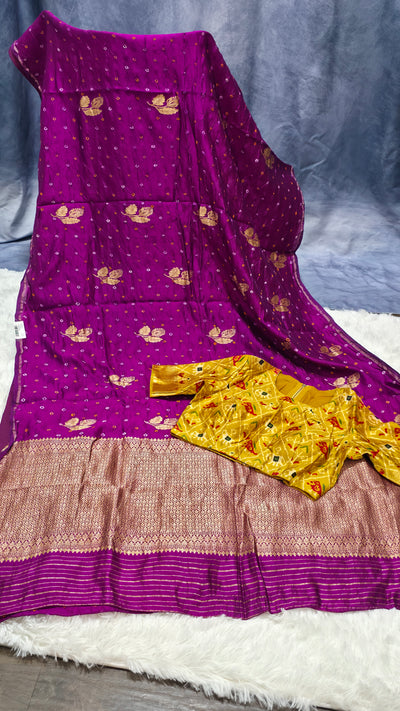 Purple Silk Chinia Handloom Bandhani Saree