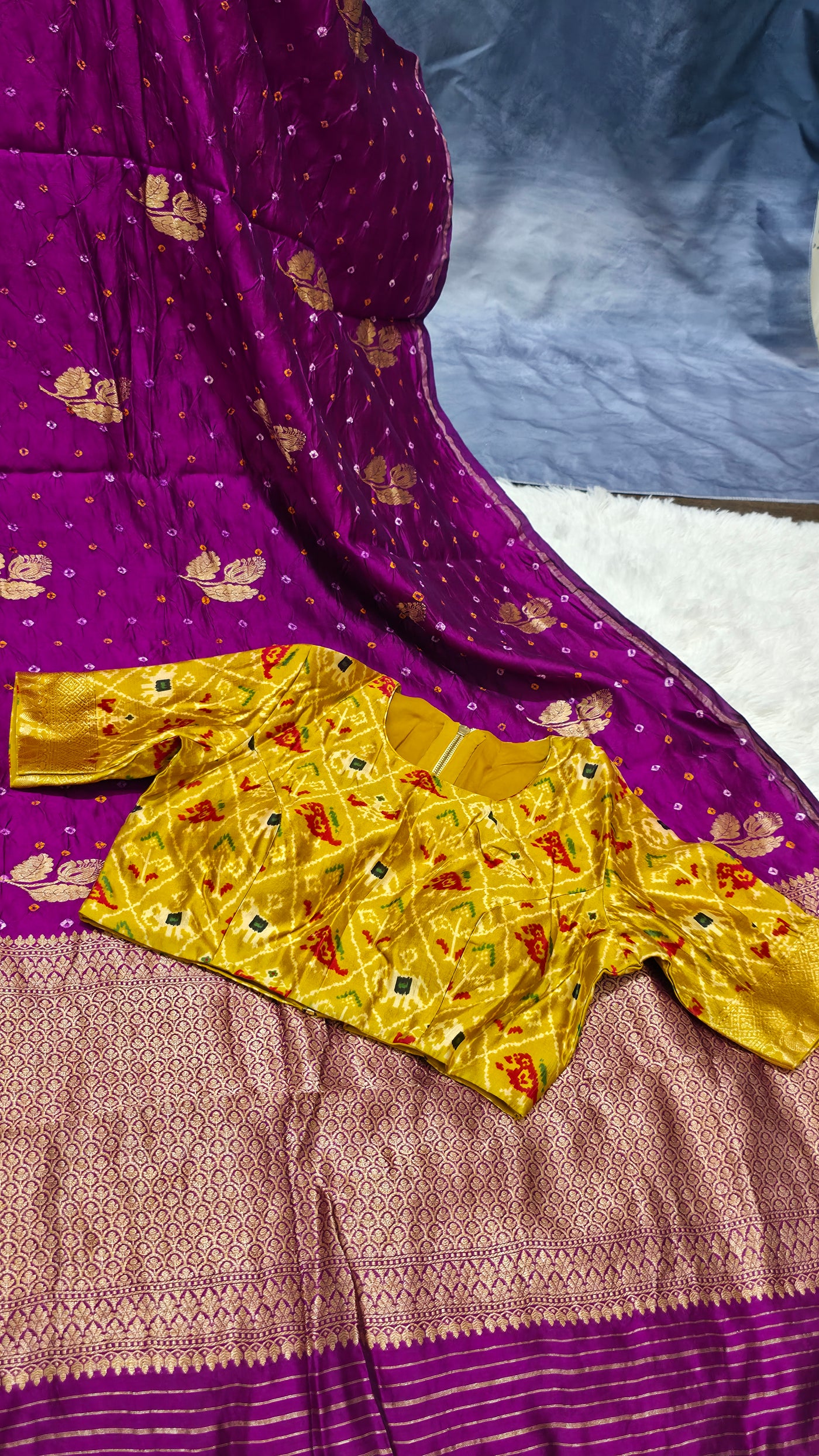 Purple Silk Chinia Handloom Bandhani Saree
