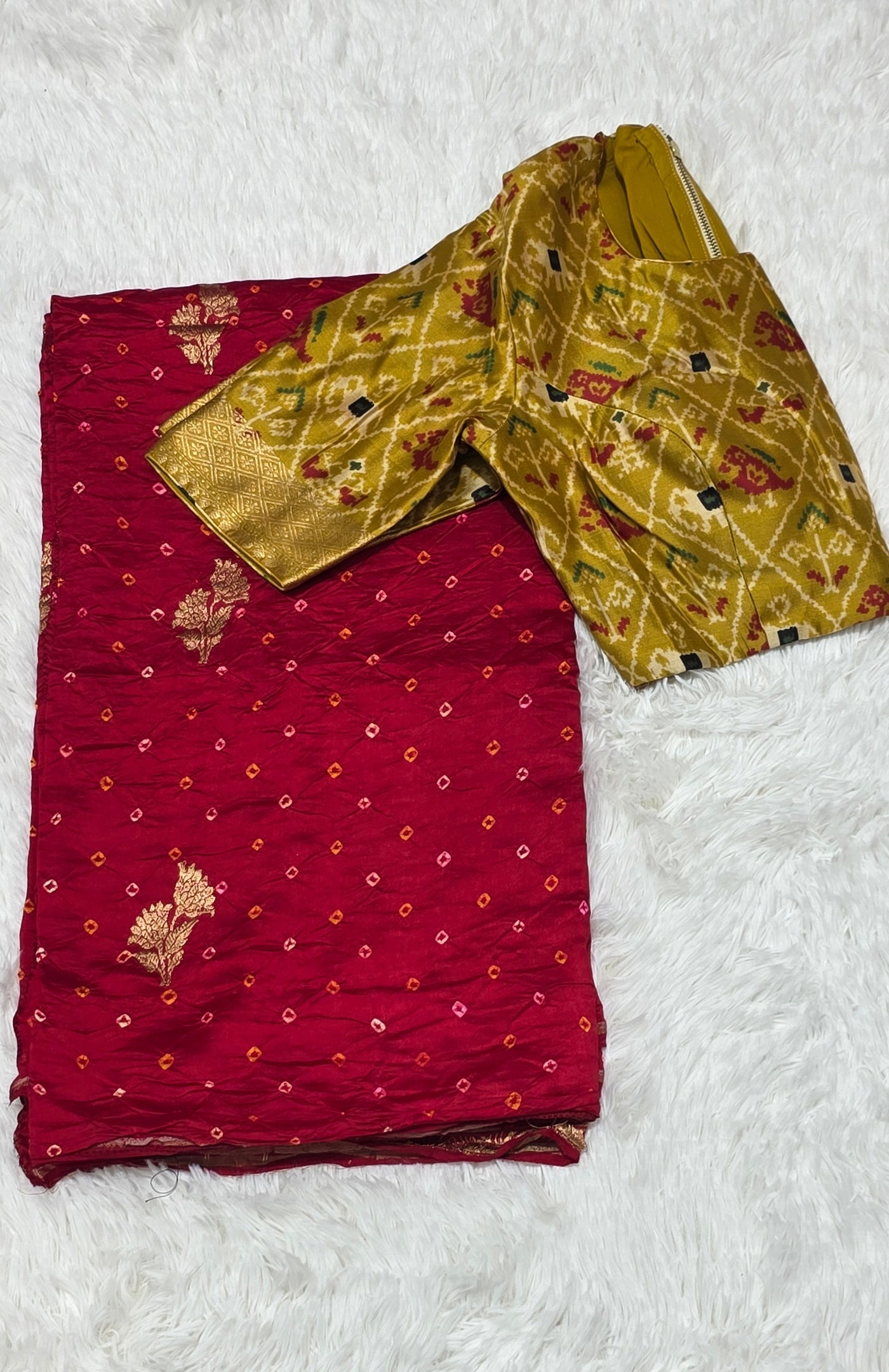 Chinia Silk Handloom Bandhani Saree – Deep Red with Mustard Ikkat Blouse