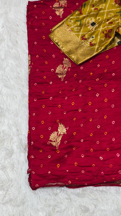 Chinia Silk Handloom Bandhani Saree – Deep Red with Mustard Ikkat Blouse