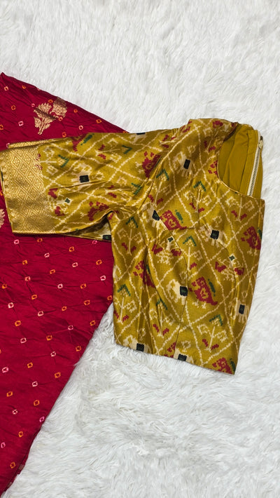 Chinia Silk Handloom Bandhani Saree – Deep Red with Mustard Ikkat Blouse