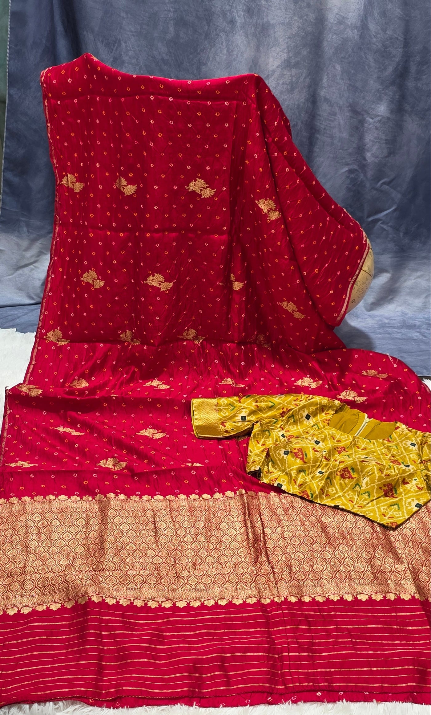 Chinia Silk Handloom Bandhani Saree – Deep Red with Mustard Ikkat Blouse